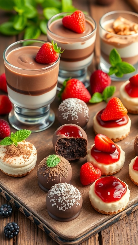 An assortment of easy low carb desserts including chocolate mousse, yogurt parfait, chocolate truffles, and cheesecake bites on a wooden table.